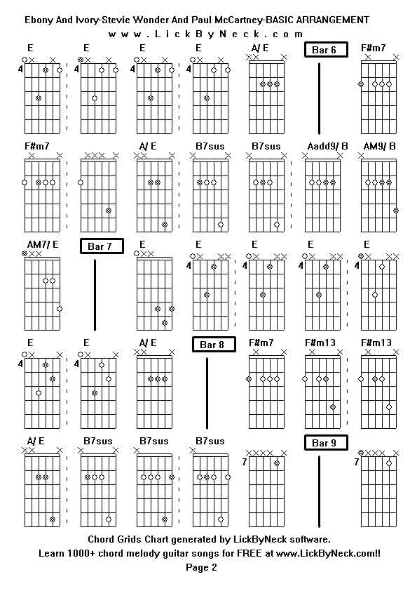 Chord Grids Chart of chord melody fingerstyle guitar song-Ebony And Ivory-Stevie Wonder And Paul McCartney-BASIC ARRANGEMENT,generated by LickByNeck software.